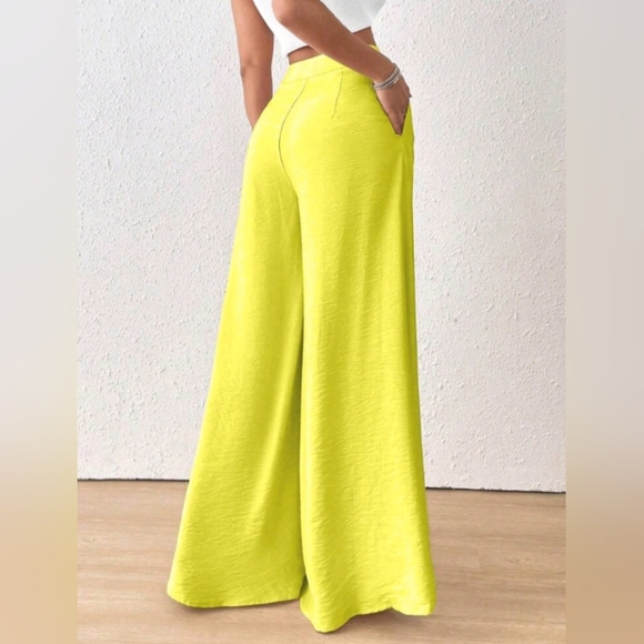 Women's Solid Color Button Front Pleated Wide Leg Pants, Elegant Fashion - Picture 5 of 5